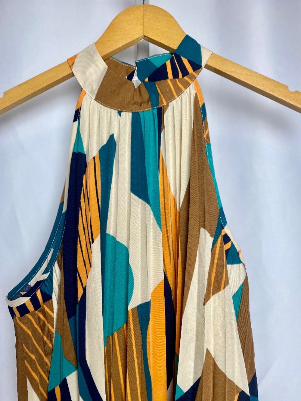 Indie Artsy Multicolor Teal Orange Geometric Pleated Flowy Halter Dress X-Large - Picture 3 of 10